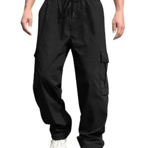 Men s Loose Cargo Pants Solid Color Drawstring