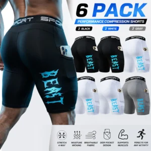 6-Pack Men’s Sports Compression Shorts with Phone Pocket